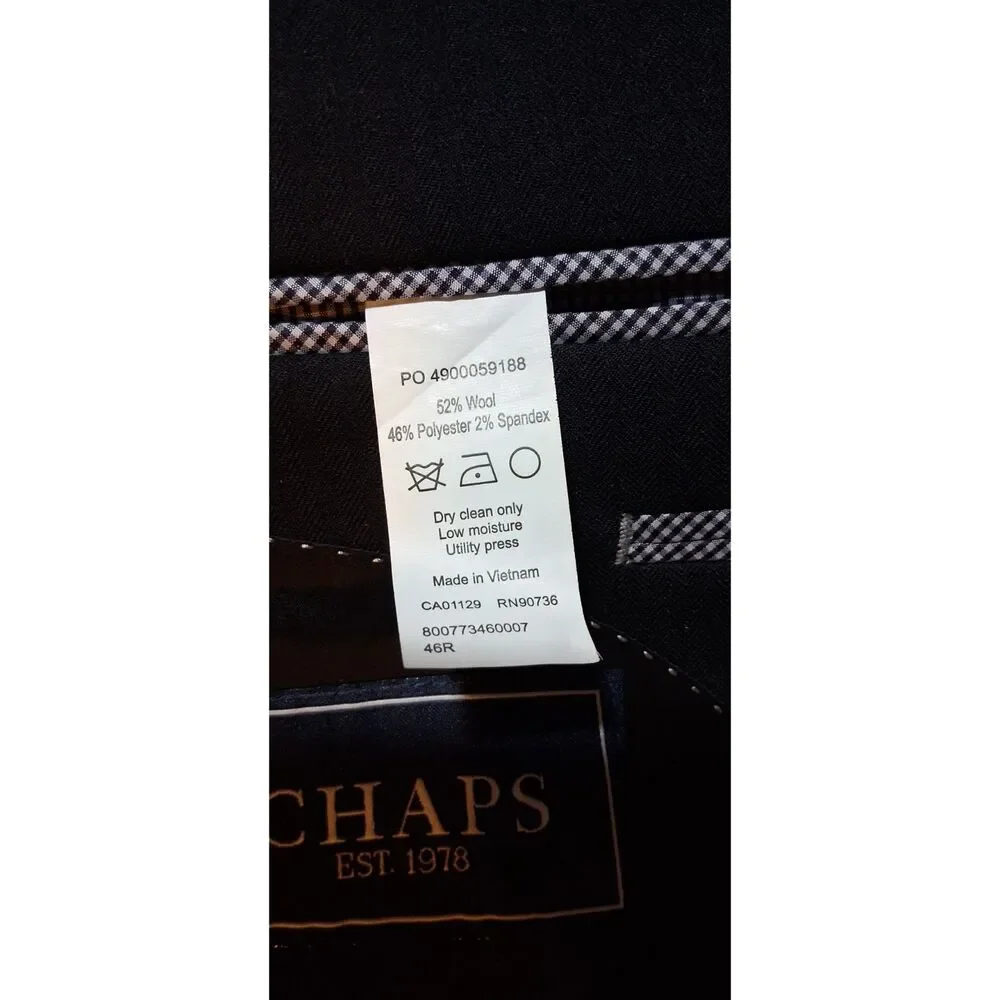 Chaps Mens Two-Piece Suit Black 46R Blazer Jacket 40x30 Pants Formal 52% Wool